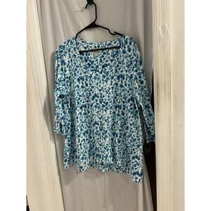 Chicos Blue White Aurora Teal Scoop Neck Tee Layered Bottom Sz Xl